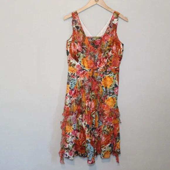 Sundance Silk Floral Ruffled V-Neck Havana Dress Orange Women's Size 4 H11297 - Picture 2 of 11